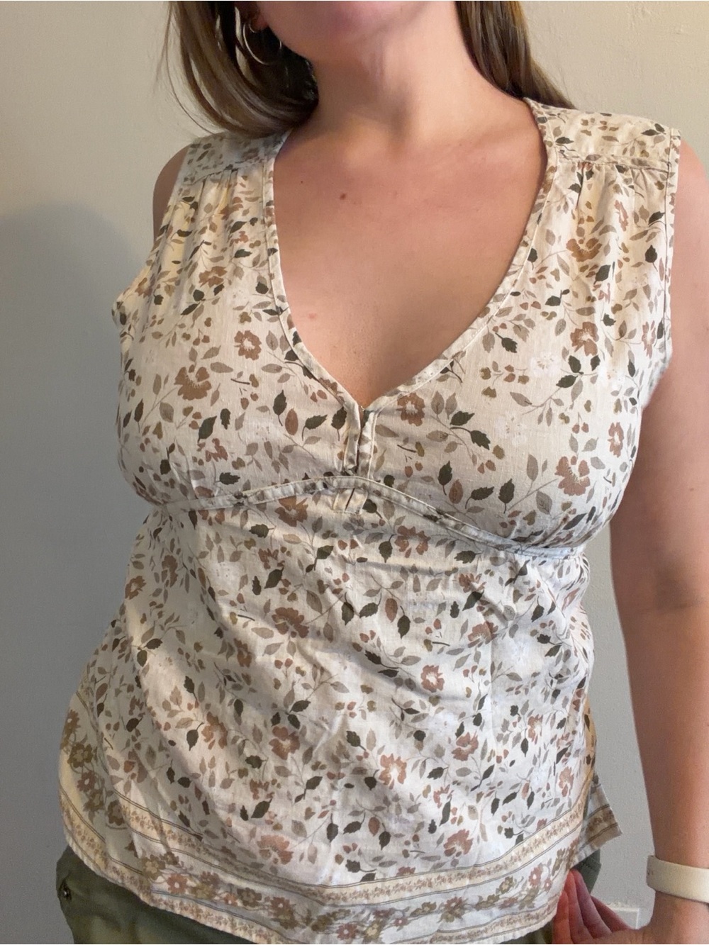 Vintage Y2K Old Navy Cream Floral Print Cotton/Linen Tie Back Babydoll Tank